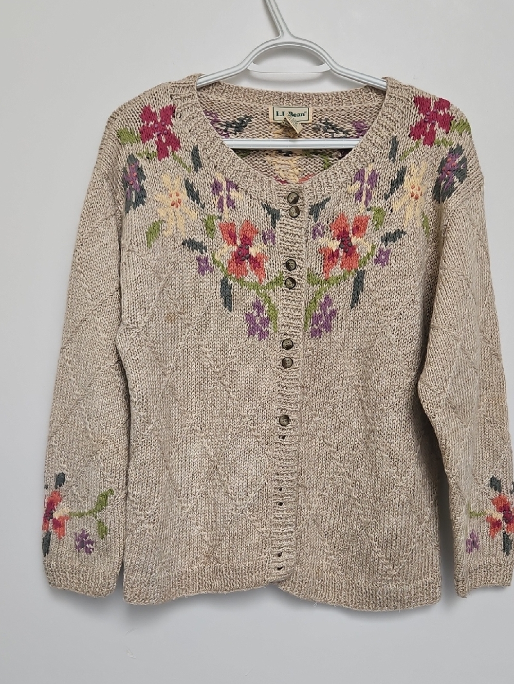 L.L. Bean Vintage Ramie Cardigan Sweater Women Size Med Floral Button Up Grandma - Picture 2 of 8